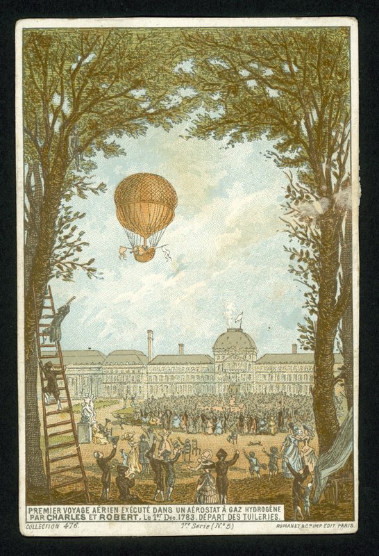 Jacques Charles og Marie-Noel Robert foretager den første opstigning i en brintballon, Paris, 1. december 1783 af French School