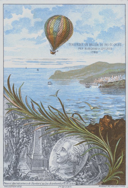 Jean-Pierre Blanchard og John Jeffries lavede den første ballonflyvning over Den Engelske Kanal, 7. januar 1785 (farve litho) af French School