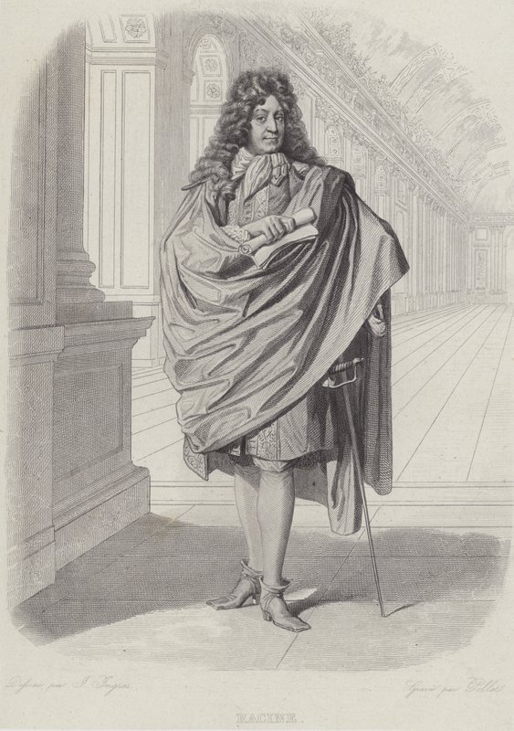 Jean Racine, fransk dramatiker, i Spejlsalen i Versailles (gravering) af French School