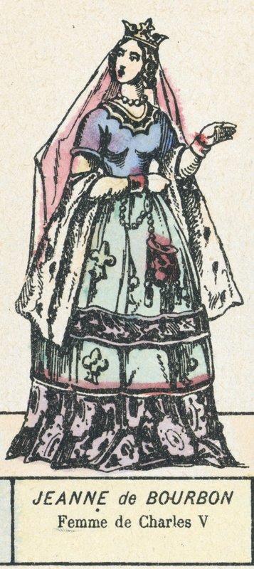 Jeanne de Bourbon, kone til Charles V (farvet gravering) af French School