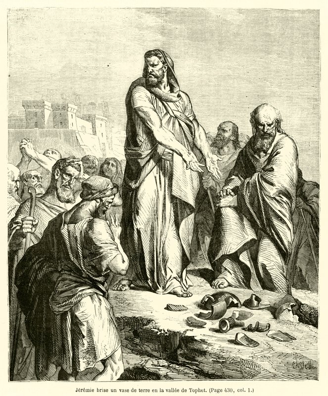 Jeremy brækker et jordkar i Tophet-dalen (gravering) af French School