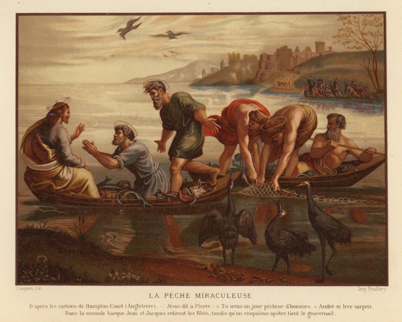 Jesus Kristus og det mirakuløse træk af fisk (chromolitho) af French School