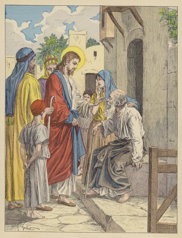 Jesus helbreder den blinde mand (farvelitografi) af French School
