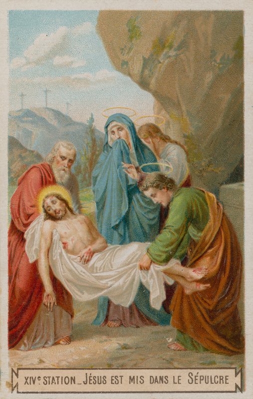 Jesus bliver lagt i graven. Korsets fjortende Station af French School