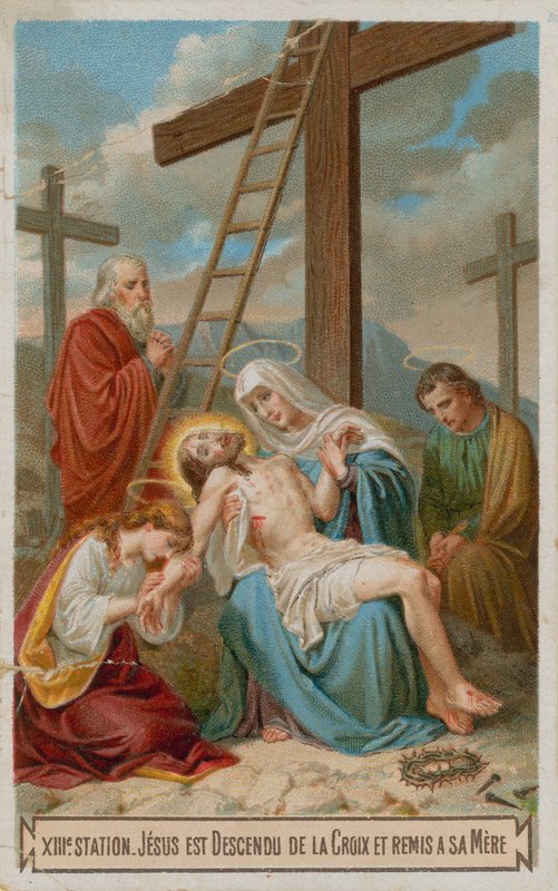 Jesus bliver taget ned fra korset og bragt tilbage til sin mor. Korsets trettende Station af French School