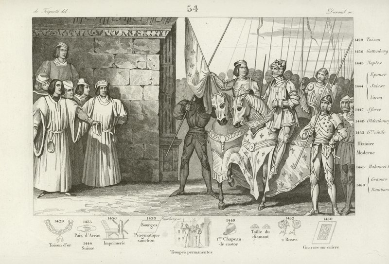 Joan of Arc arrives at Rheims to attend the coronation of Charles VII of France, 1429  af French School