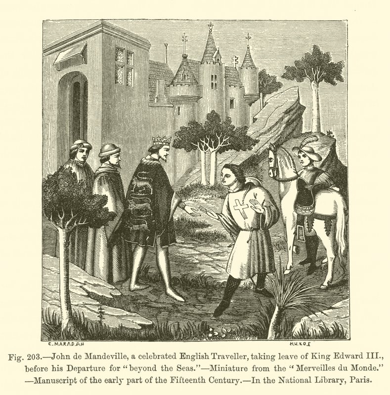 John de Mandeville, en berømt engelsk rejsende, tager afsked med kong Edward III, før hans afgang til "beyond the Seas" (gravering) af French School