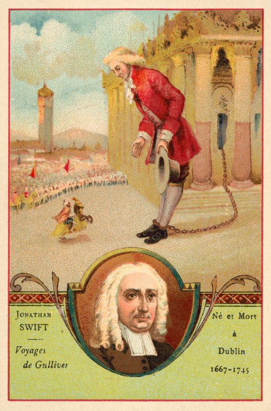 Jonathan Swift, irsk forfatter, og en scene fra hans roman Gulliver