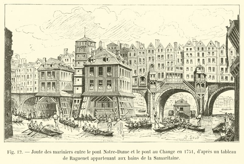 Søfolks dyst mellem Notre-Dame-broen og Change-broen i 1751 efter et maleri af Raguenet tilhørende Samaritaine-badene af French School