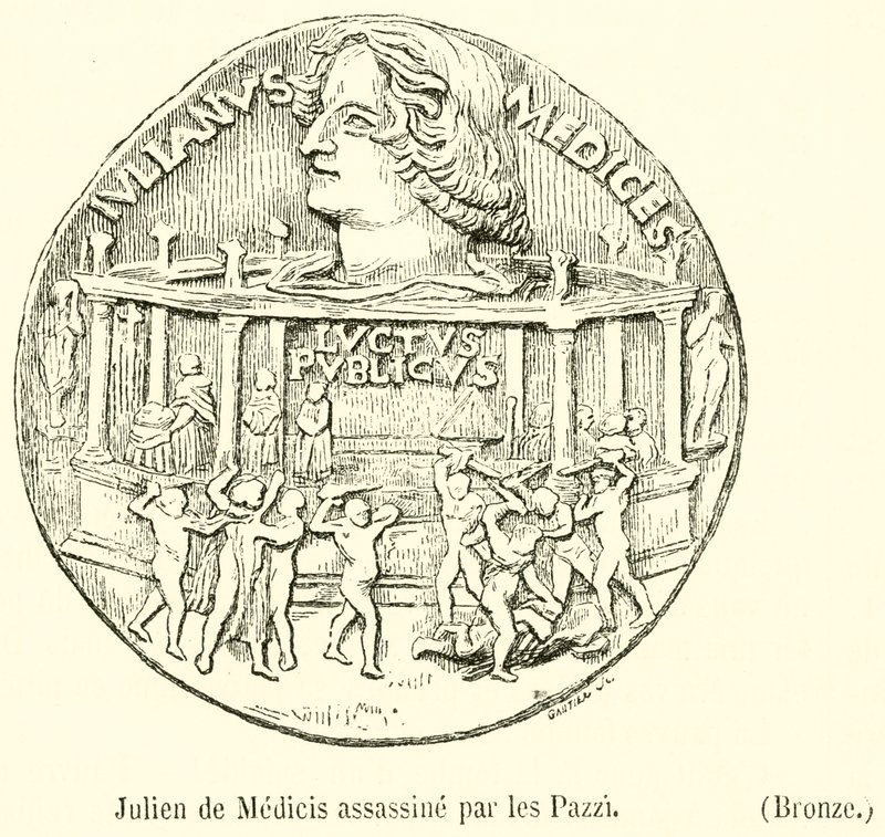 Giuliano de Medici myrdet af Pazzi, bronze (gravering) af French School
