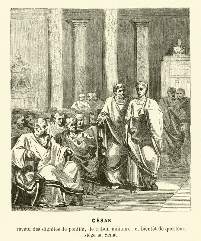 Julius Cæsar i det romerske senat (gravering) af French School
