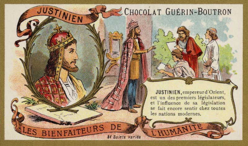Justinian I, byzantinsk kejser (chromolitho) af French School