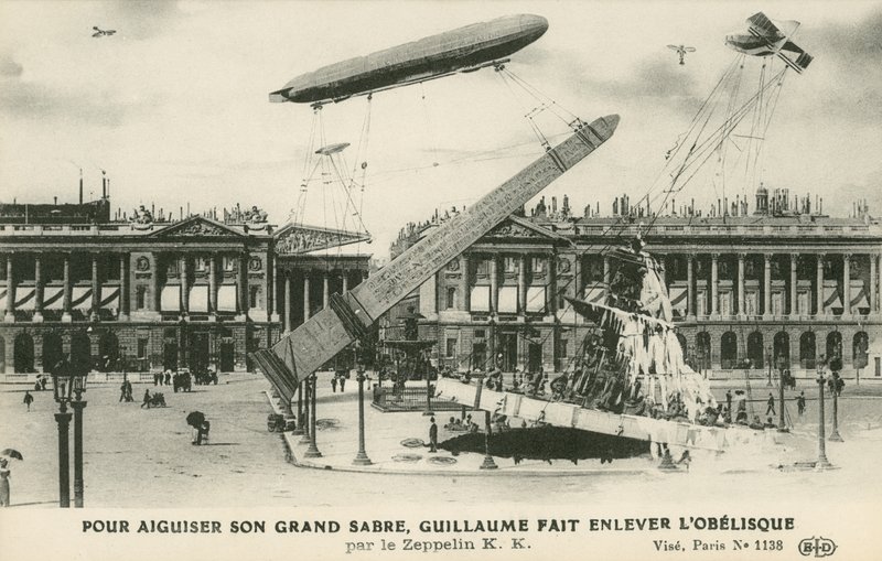 Kaiser Wilhelm II forestillede sig at fjerne obelisken fra Paris af Zeppelin (litho) af French School