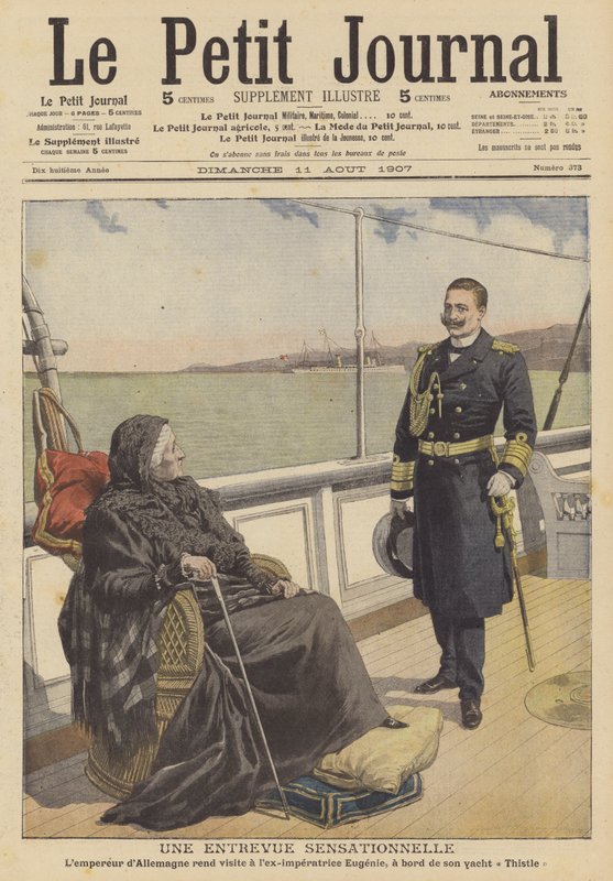 Kaiser Wilhelm II af Tyskland besøger eks-kejserinde Eugenie, enke efter Napoleon III af Frankrig, på hendes yacht Thistle (farve litho) af French School
