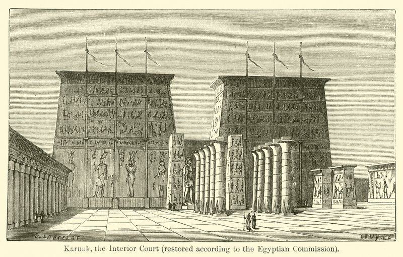 Karnak, den indre domstol, restaureret ifølge den egyptiske kommission (gravering) af French School