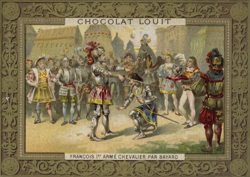 Kong Charles I af Frankrig blev slået til ridder af Chevalier de Bayard efter slaget ved Marignano, 1515 af French School