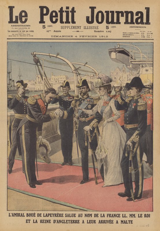 Kong George V og Queen Mary på Malta (farve litho) af French School