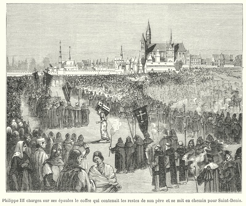 Kong Philip III af Frankrig bærer knoglerne af sin far, Ludvig IX, til sin begravelse i Basilica of St Denis, Paris af French School