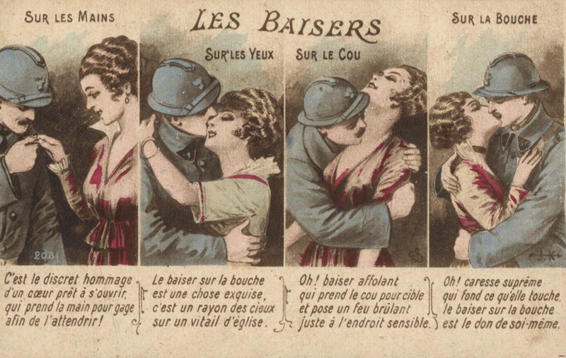 Kyssende par (farve litho) af French School
