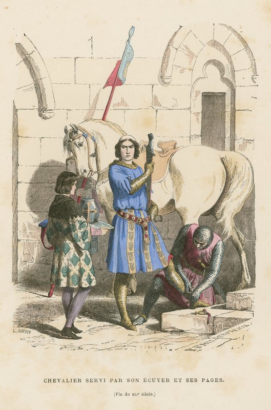 Knight being attended to by his squire and page, late 12th Century  af French School