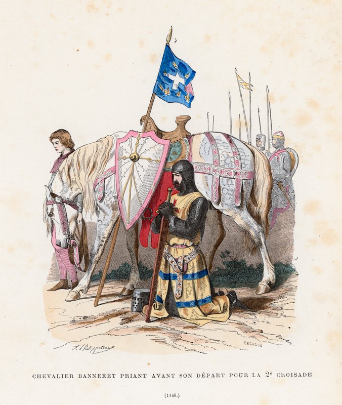 Ridder beder før afrejse til det andet korstog, 1146 af French School