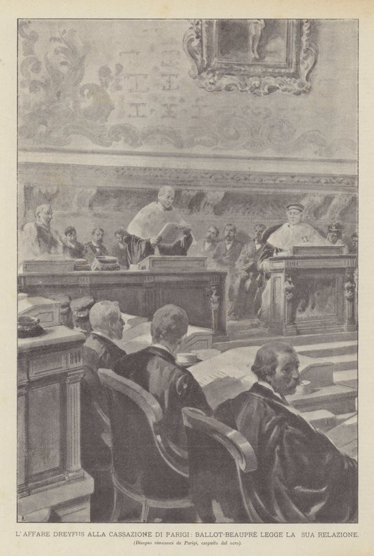 Dreyfus-affæren Ved Paris Cassation læser Ballot-Beaupre sin rapport (litho) af French School