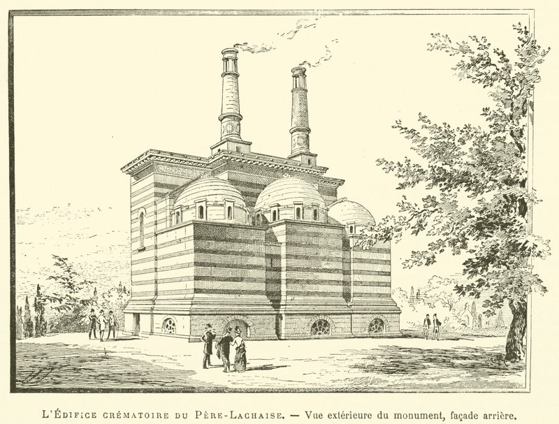 Pere-Lachaise Krematorium Bygningen, udvendig udsigt af monumentet, bagfacade (gravering) af French School