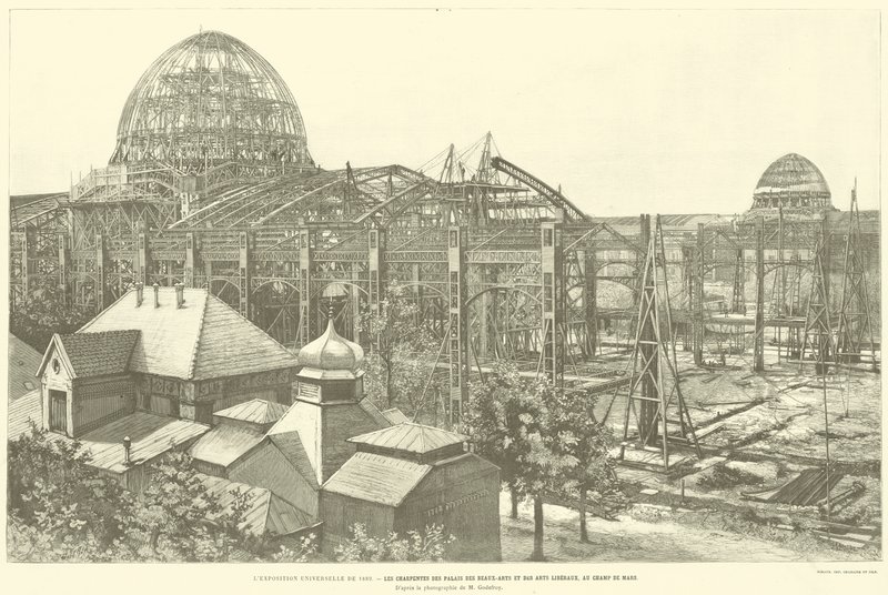Den universelle udstilling fra 1889, rammerne af Palais des Beaux-Arts og Liberal Arts, på Champ de Mars, efter fotografiet af M Godfroy (Enggraving) af French School