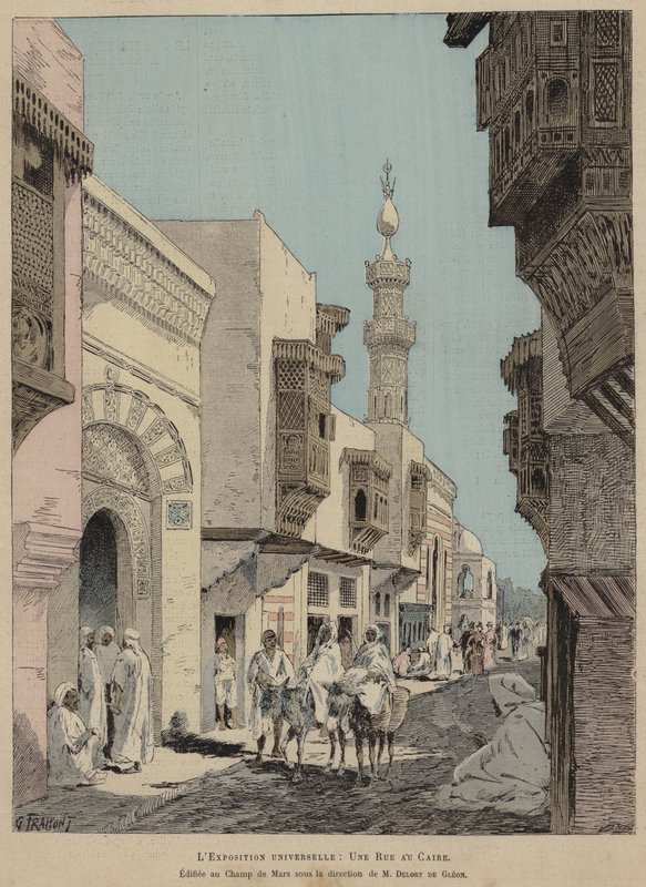 Verdensudstillingen, en gade i Kairo, bygget på Champ de Mars under ledelse af M Delort de Gleon (farvet gravering) af French School