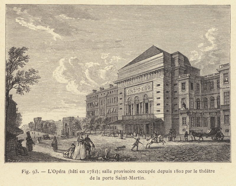 Operaen, bygget i 1781, midlertidigt lokale besat siden 1802 af teatret ved Porte Saint-Martin (gravering) af French School