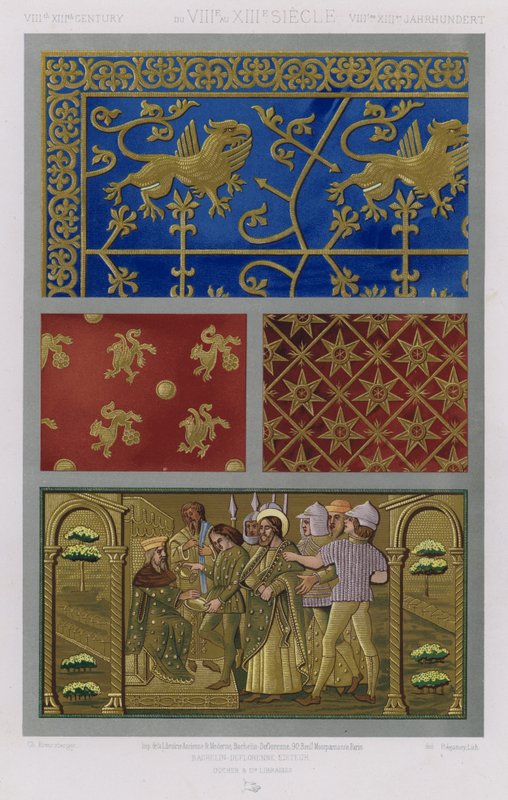 Stoffets udsmykning: VIIIth XIIIth Century, du VIIIe au XIIIe Siecle, VIIItes XIIItes Jahrhunder (farve litho) af French School