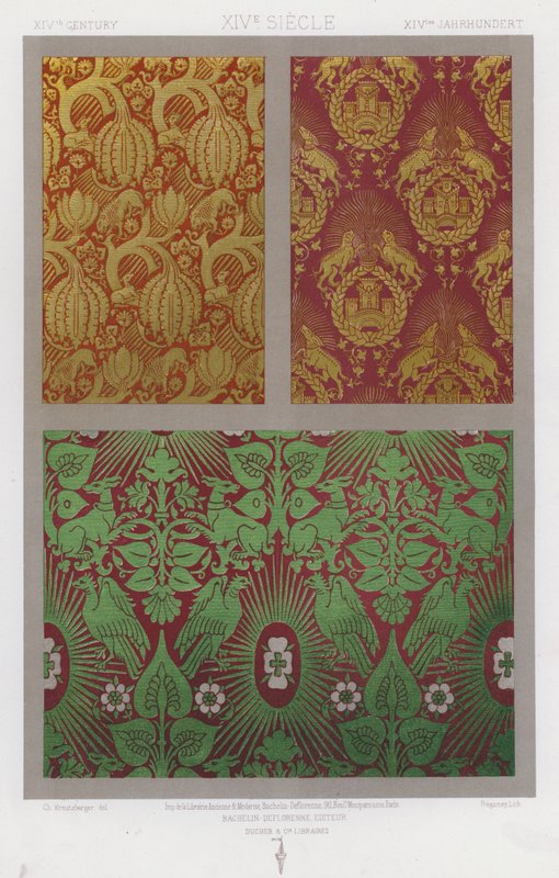 The Ornament of Fabrics: XIVth Century, XIVe Siecle, XIVtes Jahrhundert (color litho) af French School
