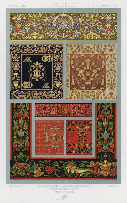 Udsmykningen af ​​stoffer: XVIth Century, XVIe Siecle, XVItes Jahrhundert (farve litho) af French School