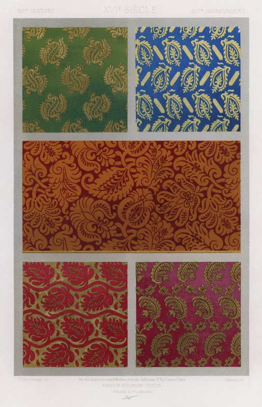 Udsmykningen af ​​stoffer: XVIth Century, XVIe Siecle, XVItes Jahrhundert (farve litho) af French School
