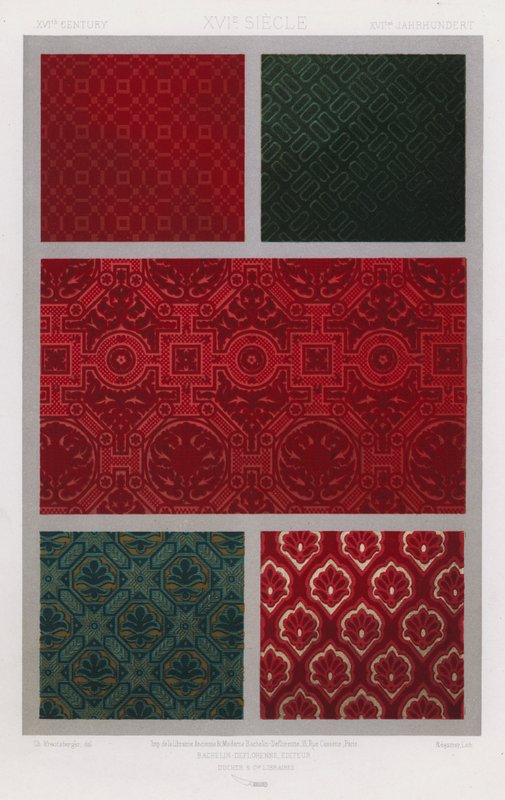 Stoffernes ornament: XVIth Century, XVIe Siecle, XVItes Jahrhundert (color litho) af French School