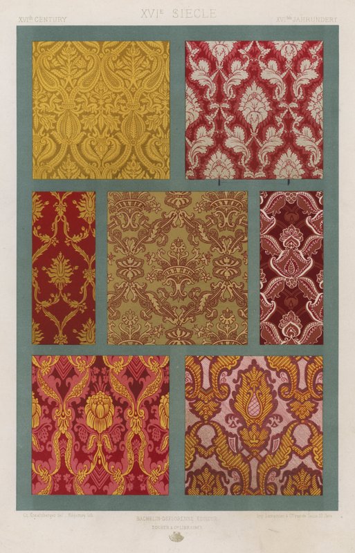 Udsmykningen af ​​stoffer: XVIth Century, XVIe Siecle, XVItes Jahrhundert (farve litho) af French School