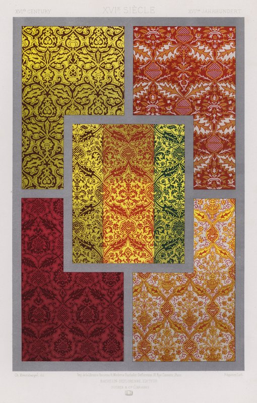 Udsmykningen af ​​stoffer: XVIth Century, XVIe Siecle, XVItes Jahrhundert (farve litho) af French School