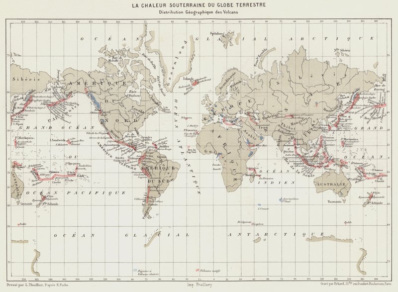 Jordens underjordiske varme, Vulkaners geografiske fordeling (farvelitografi) af French School