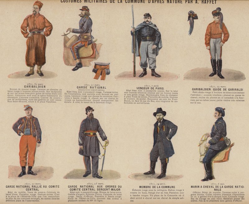 Pariserkommunen, Kommunens militærkostumer af A Raffet (farve litho) af French School
