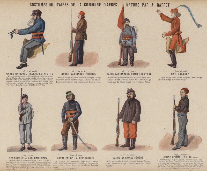 Pariserkommunen, Kommunens militærkostumer af A Raffet (farve litho) af French School