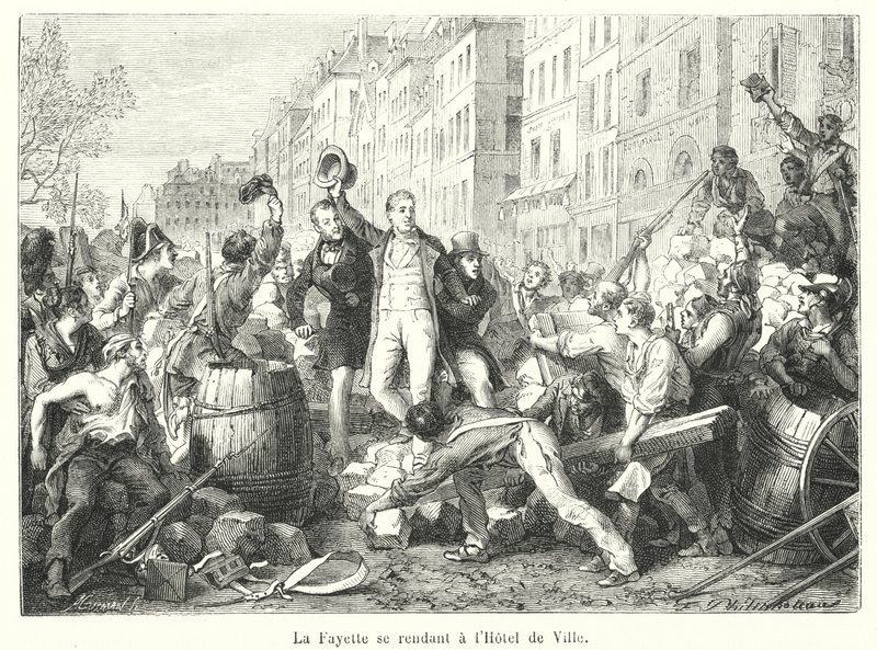 La Fayette tager til Hotel de Ville (gravering) af French School