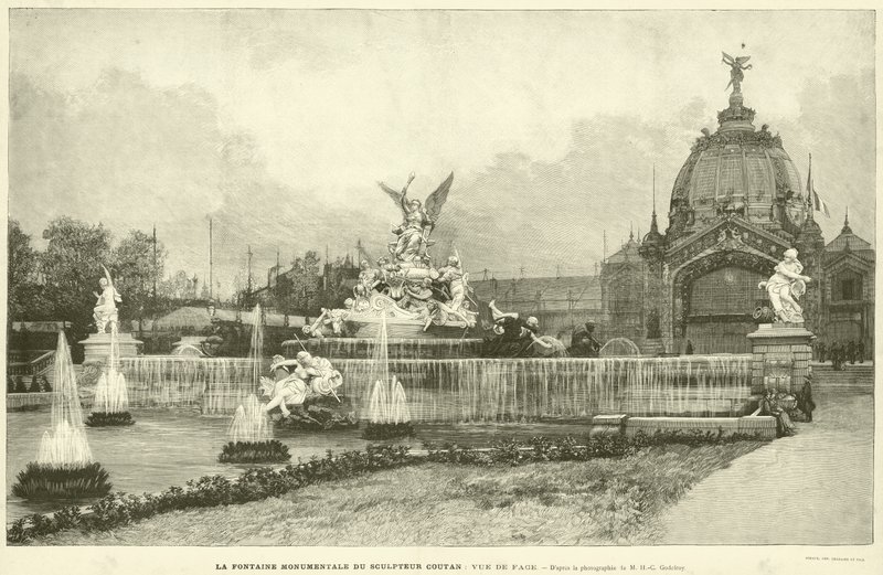 Billedhuggeren Coutans monumentale springvand, set forfra, ifølge fotografiet af M H-C Godefroy (gravering) af French School