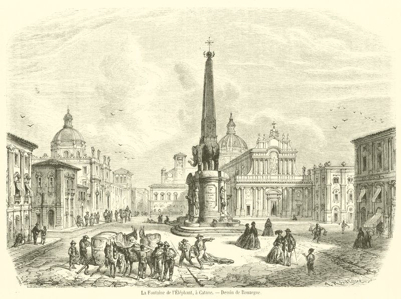 Elefantfontænen, i Catania (gravering) af French School