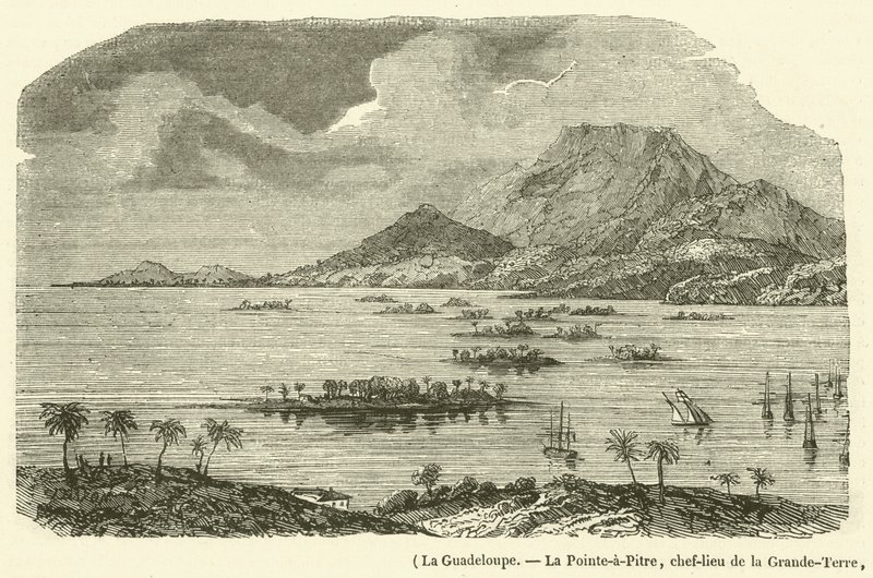 Guadeloupe, La Pointe-a-Pitre, hovedstaden i Grande-Terre, delvist ødelagt af jordskælvet den 8. februar 1843 (gravering) af French School