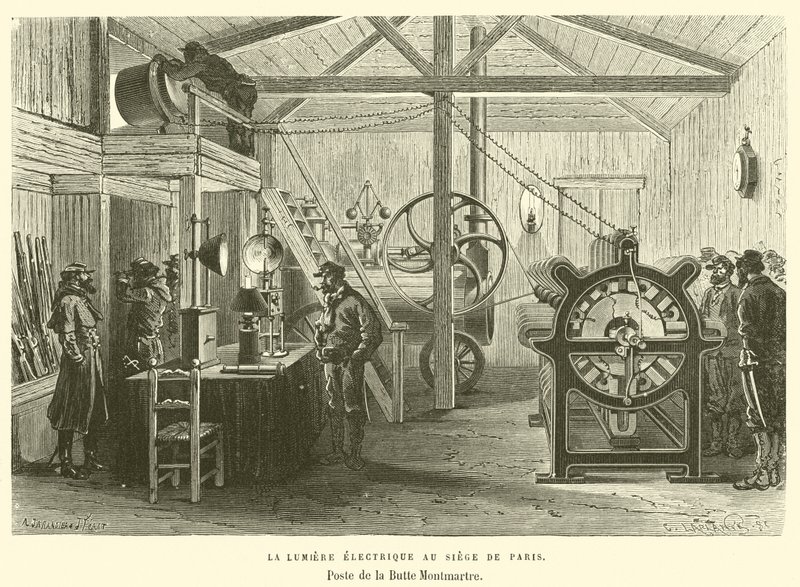 Det elektriske lys ved hovedkvarteret i Paris, Poste de la Butte Montmartre (gravering) af French School