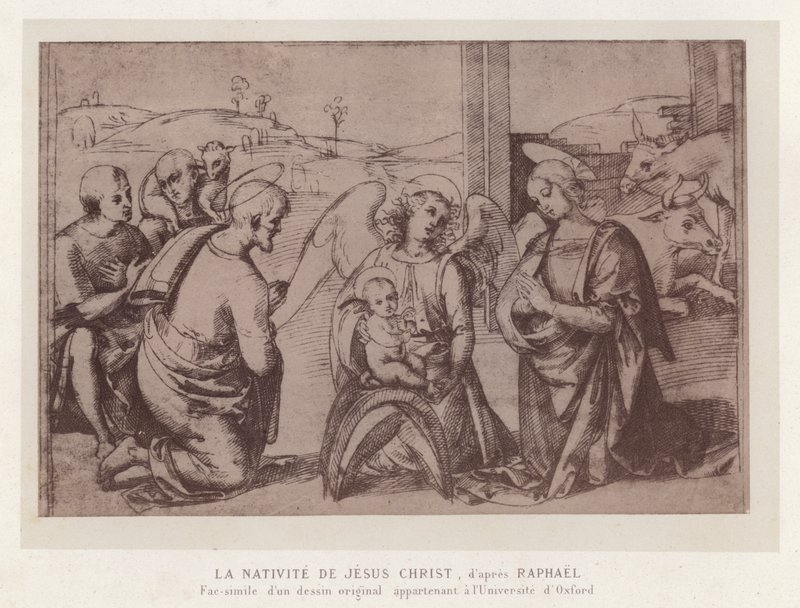 Jesu Kristi fødsel, efter Raphael, faksimile af en original tegning tilhørende University of Oxford (chromolitho) af French School