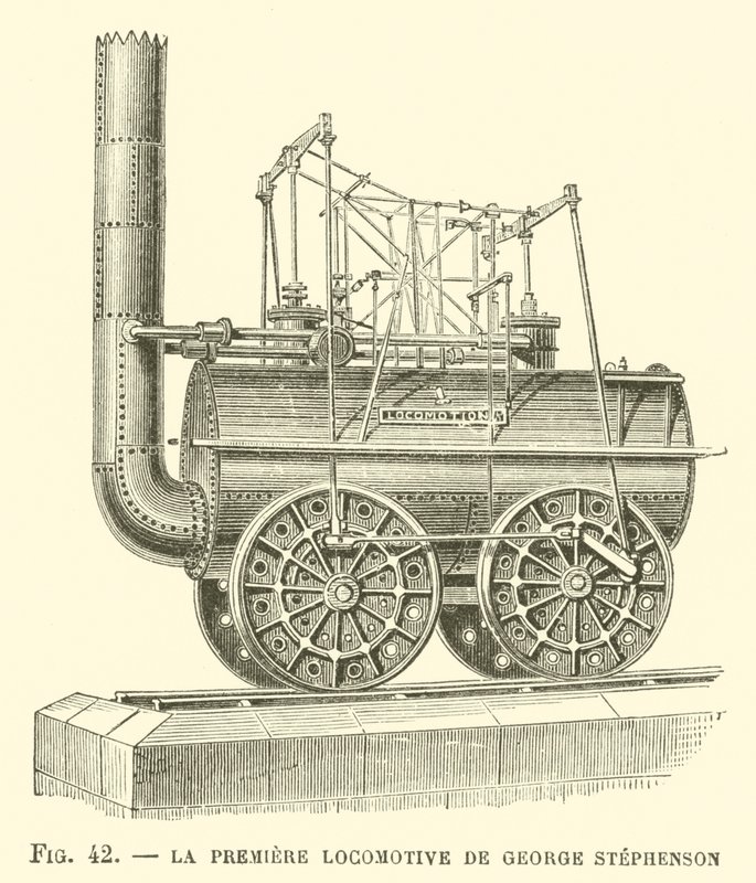 La Premiere Locomotive af George Stephenson (gravering) af French School