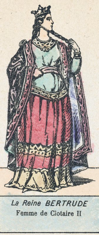 Dronning Bertrude, Hustru til Clotaire II (farvet gravering) af French School