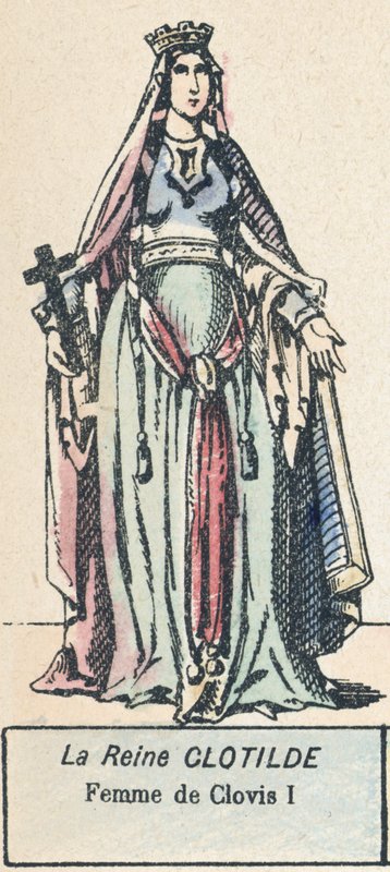 Dronning Clotilde, Hustru til Clovis I (farvet gravering) af French School