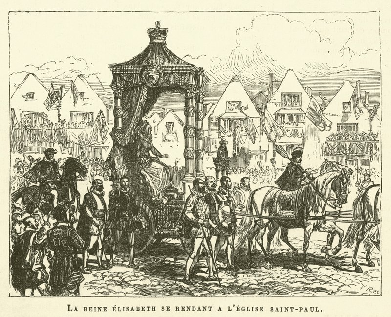 Dronning Elisabeth på vej til St. Pauls kirke (gravering) af French School
